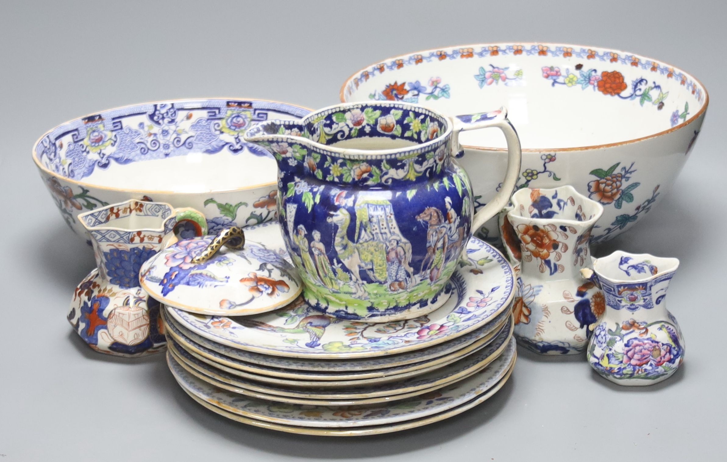 A group of 19th century ironstone ceramics to include Masons plates, Hydra jugs, two bowls, largest 29.5cm and another jug